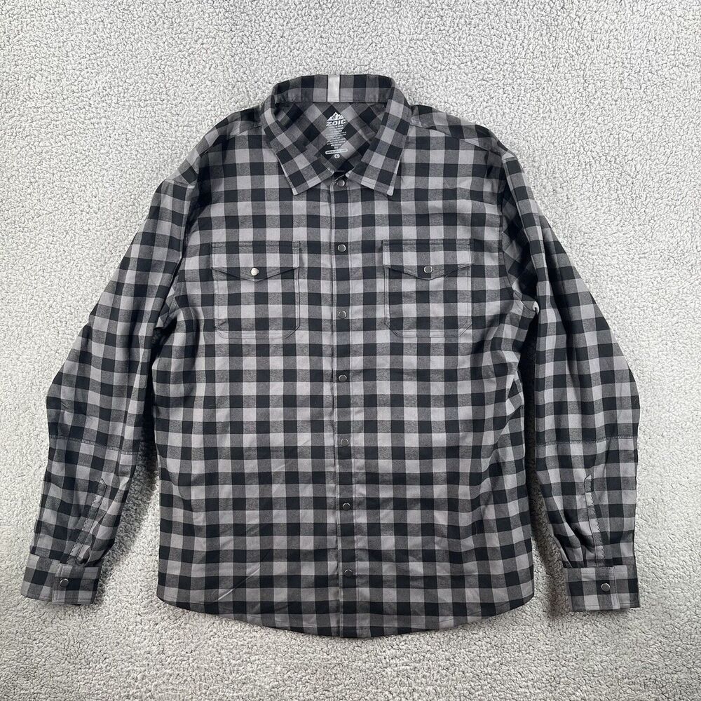 Zoic Button Up Shirt Mens Large Long Sleeve Black Plaid Lightweight Snap Up